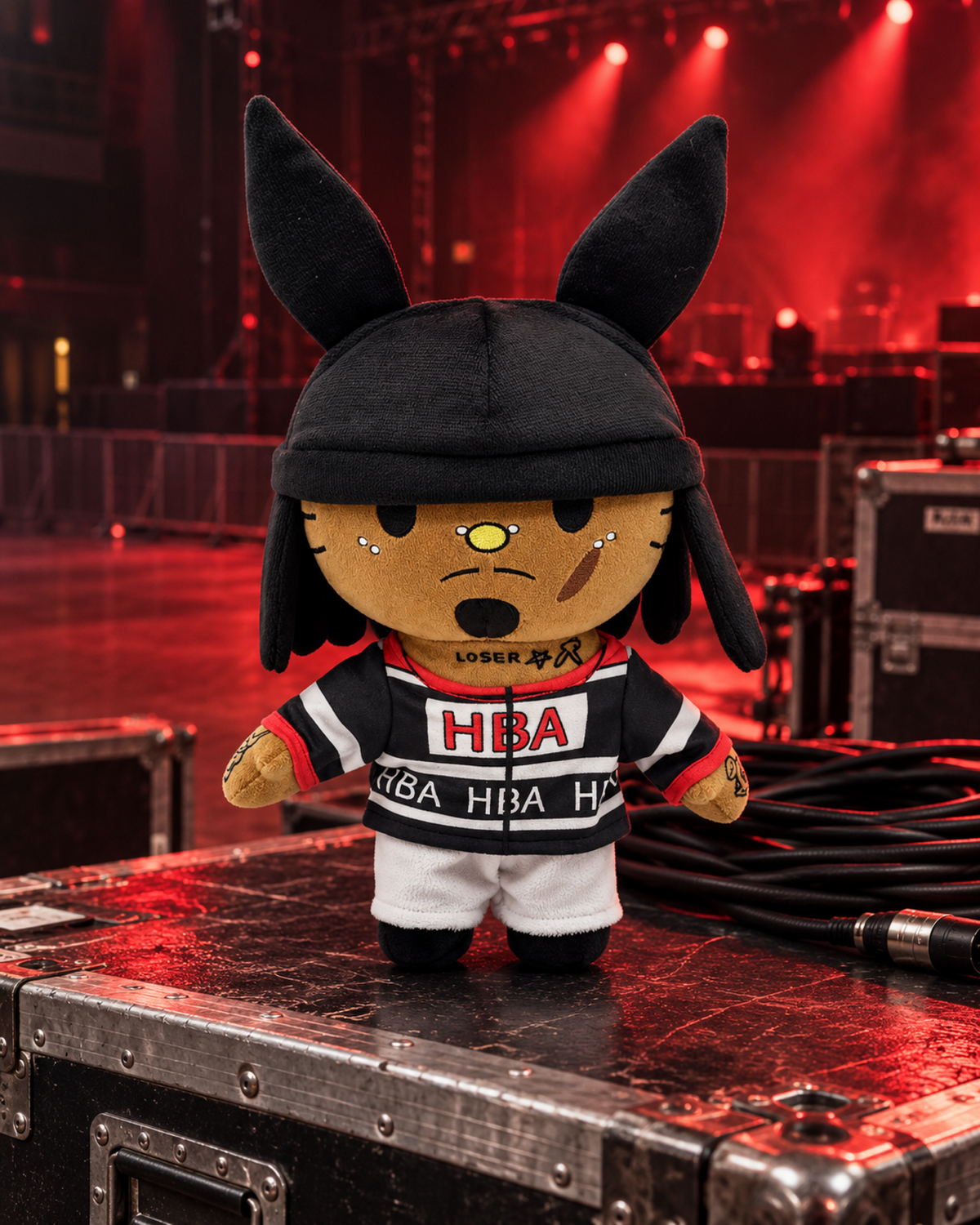 Playboi Carti Hello Kitty plush on a backstage equipment case under red stage lights.