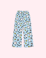 Back view of light blue Pochacco pajama pants with pink caps and small yellow chicks