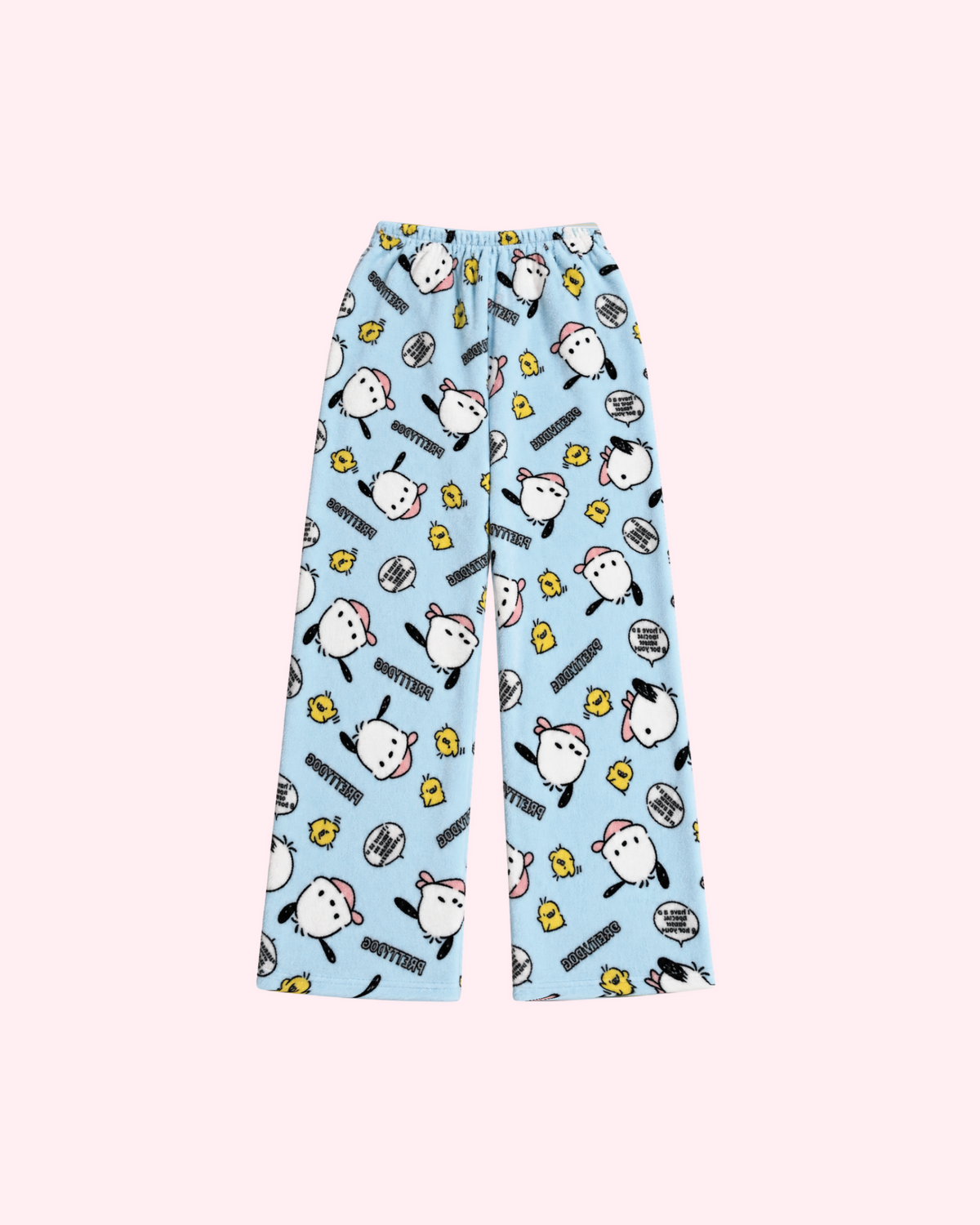 Back view of light blue Pochacco pajama pants with pink caps and small yellow chicks