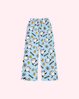 Front view of light blue Pochacco pajama pants with pink caps and small yellow chicks