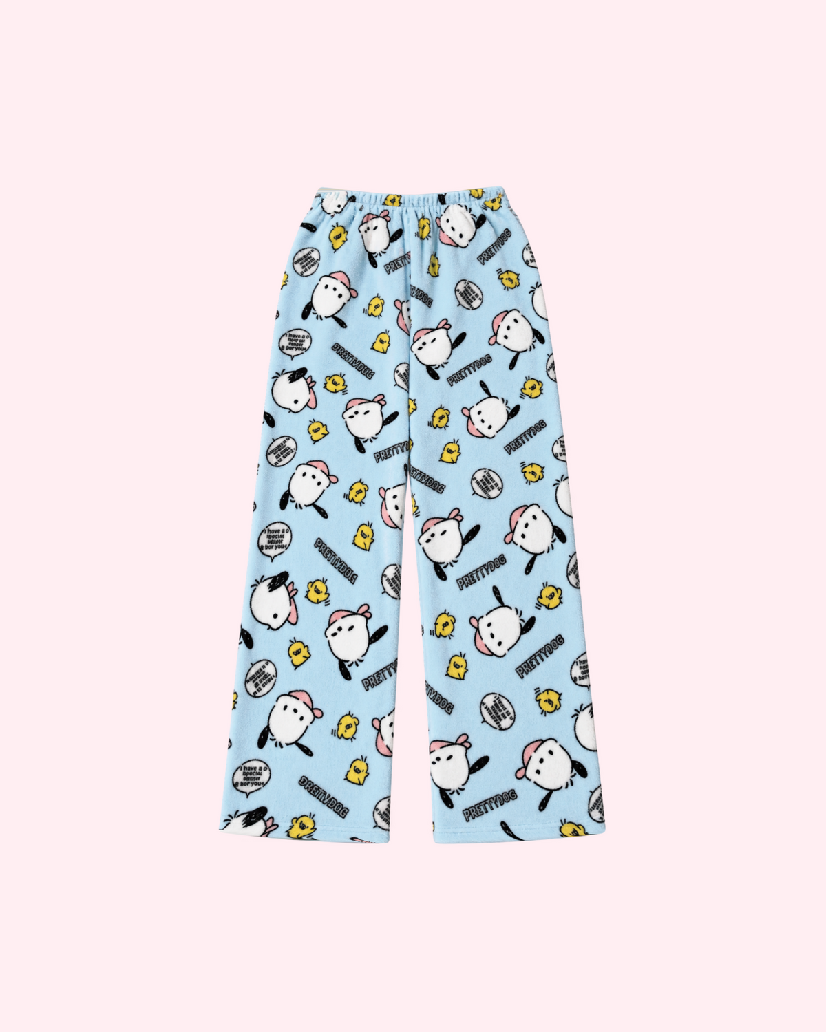 Front view of light blue Pochacco pajama pants with pink caps and small yellow chicks