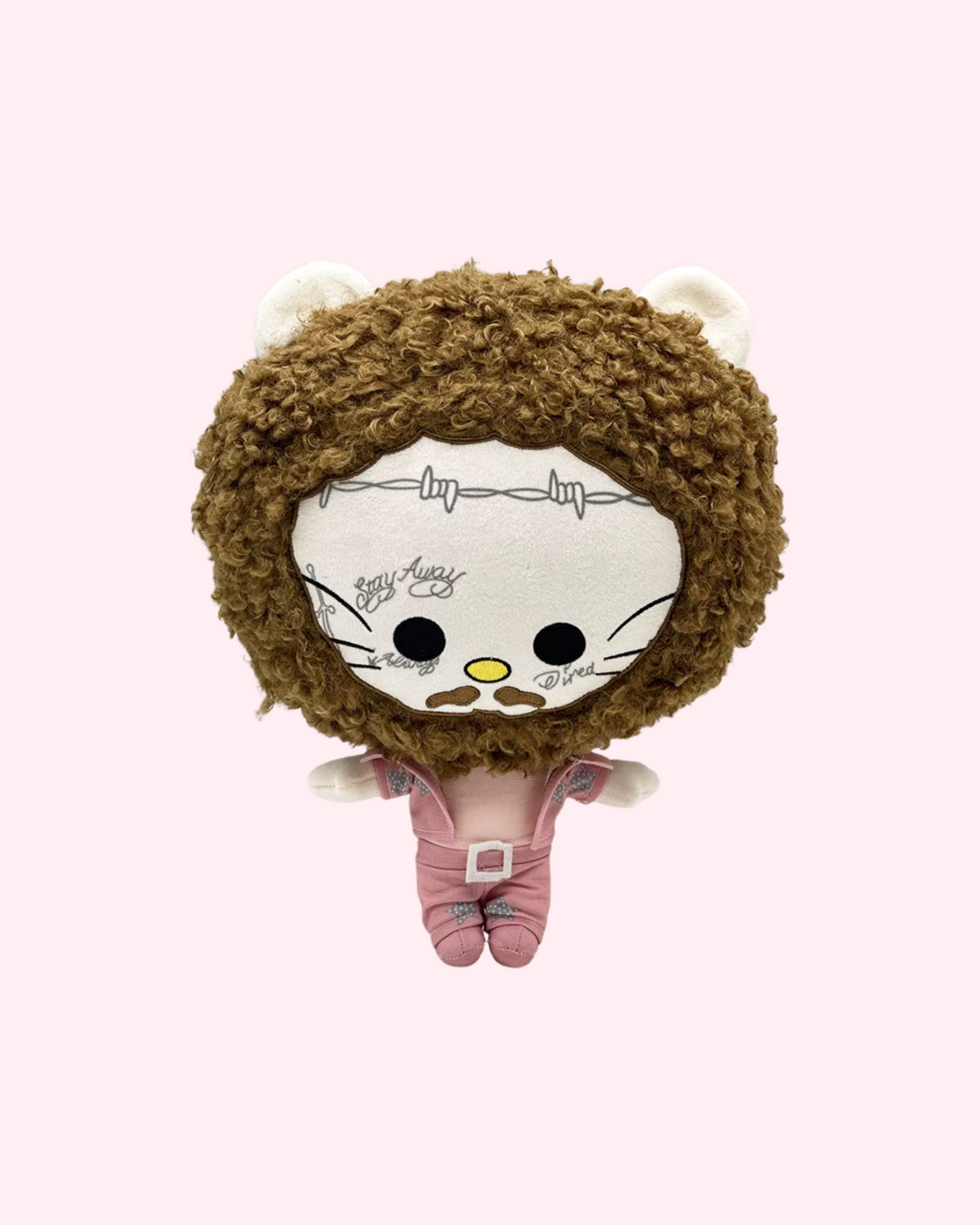 Front view of Post Malone Hello Kitty plush with curly brown hair, a beard and a pink outfit on a pale pink background.