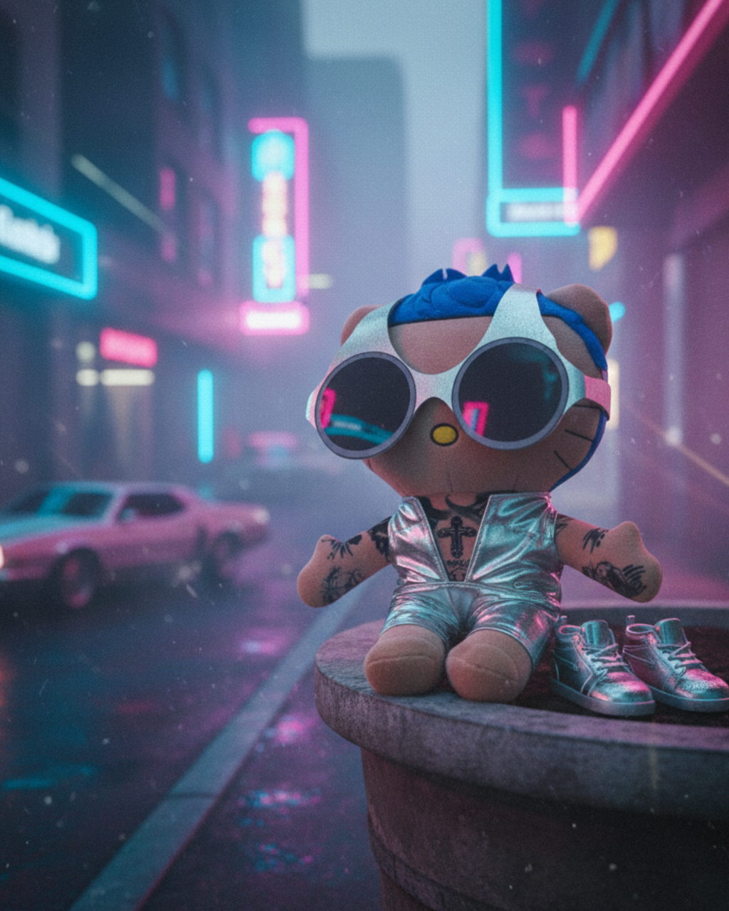 Rauw Alejandro Hello Kitty plush in a silver outfit on a neon-lit city street.