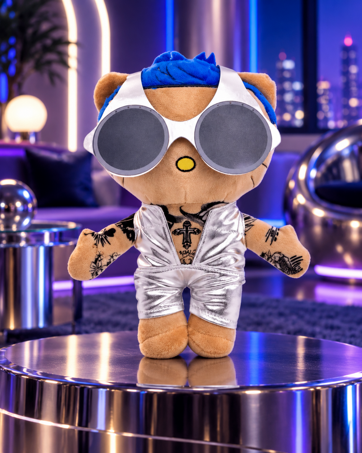 Rauw Alejandro Hello Kitty plush on a chrome platform in a futuristic lounge with blue and violet lighting.
