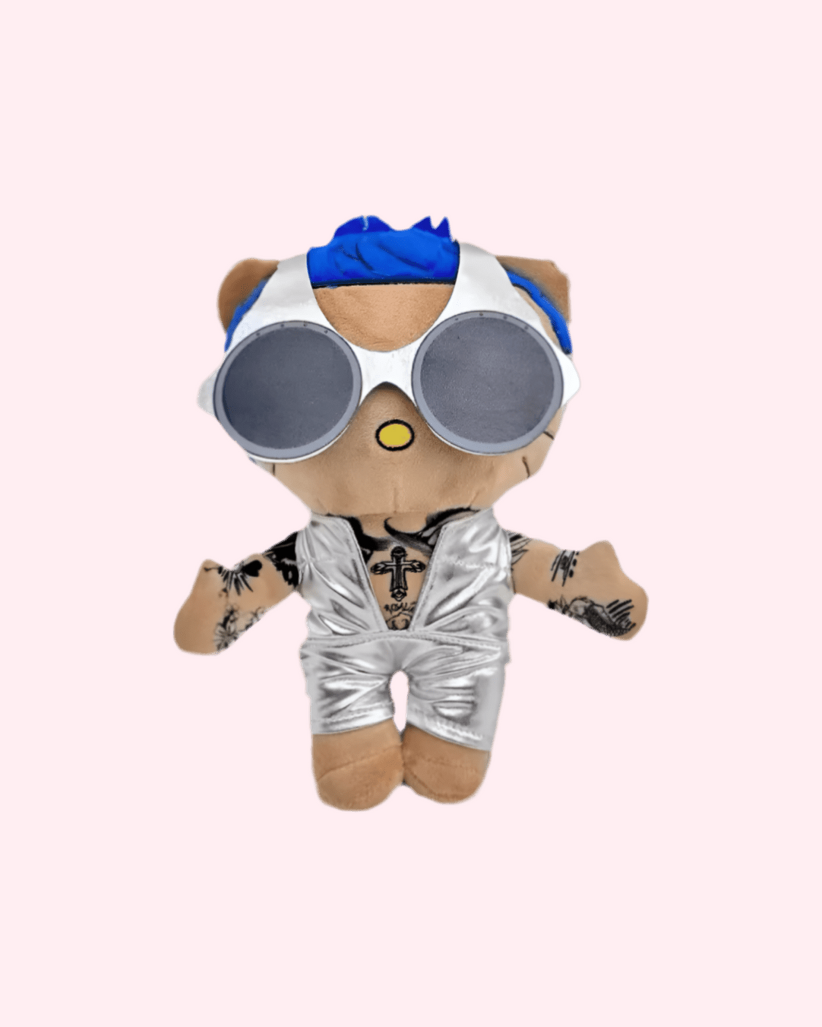 Front view of Rauw Alejandro Hello Kitty plush with blue hair, oversized round glasses and a silver outfit on a pale pink background.