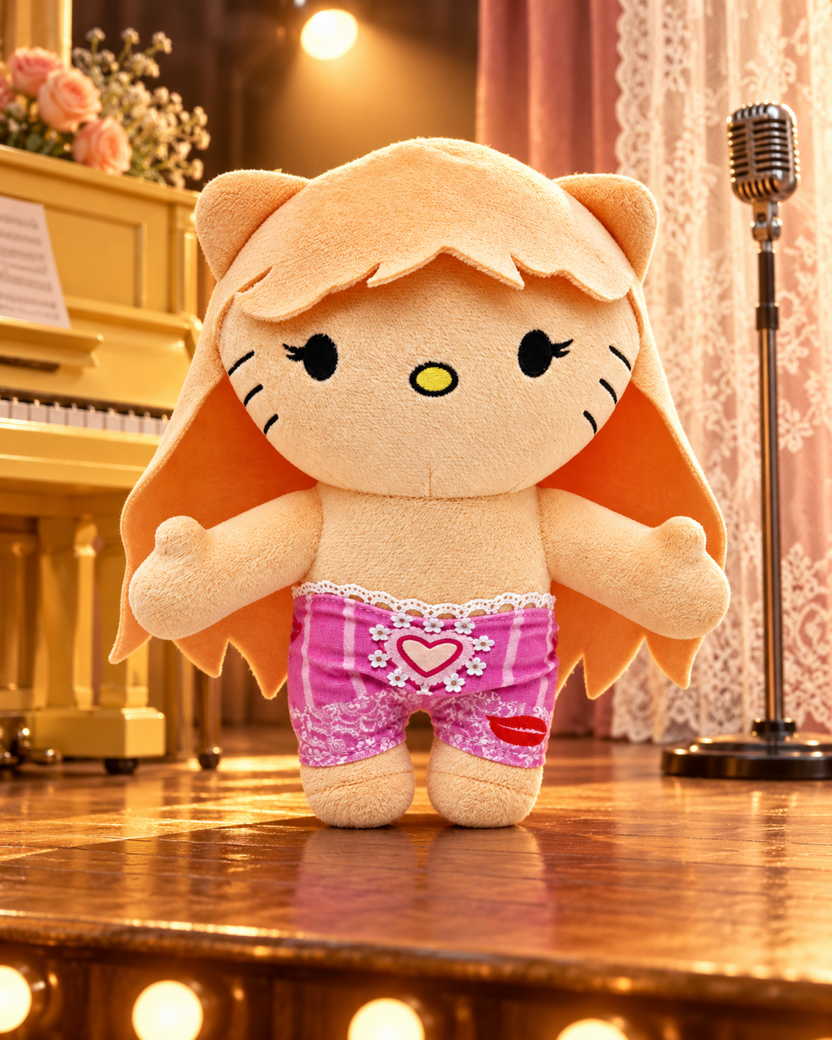 Sabrina Carpenter x Hello Kitty Plush - Pink Shorts - a small wooden rehearsal riser - styled product scene