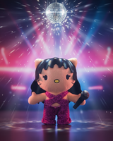 Selena Quintanilla Hello Kitty plush holding a microphone beneath a disco ball and colourful stage lights.