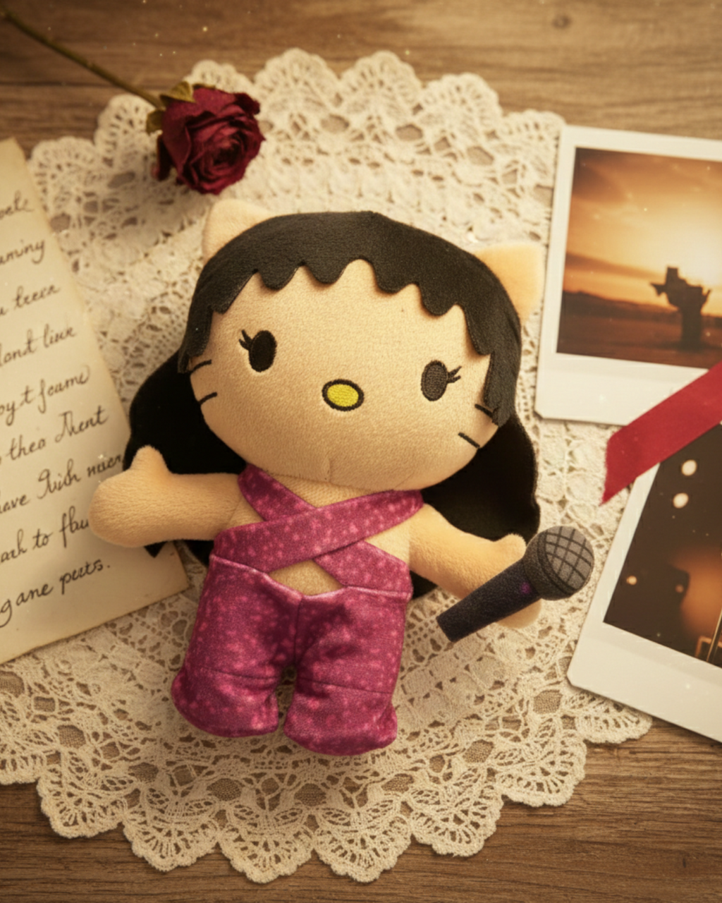 Selena Quintanilla Hello Kitty plush on lace fabric with handwritten notes, photographs and a red rose.