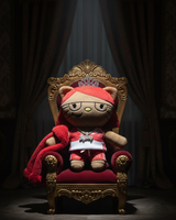 Sexyy Red Hello Kitty plush in a red outfit seated on an ornate throne in a dark room.