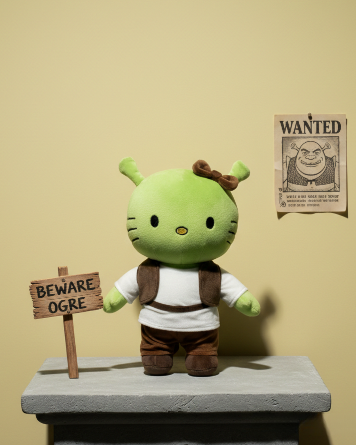 Shrek Hello Kitty plush standing beside ogre warning signs and a wanted poster.