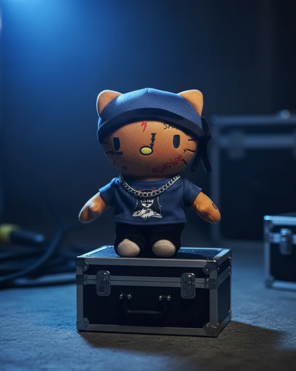 Ski Mask The Slump God Hello Kitty plush on a road case in a blue-lit backstage room.