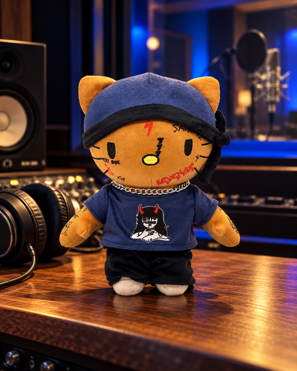 Ski Mask The Slump God Hello Kitty plush beside headphones on a wooden recording studio console.