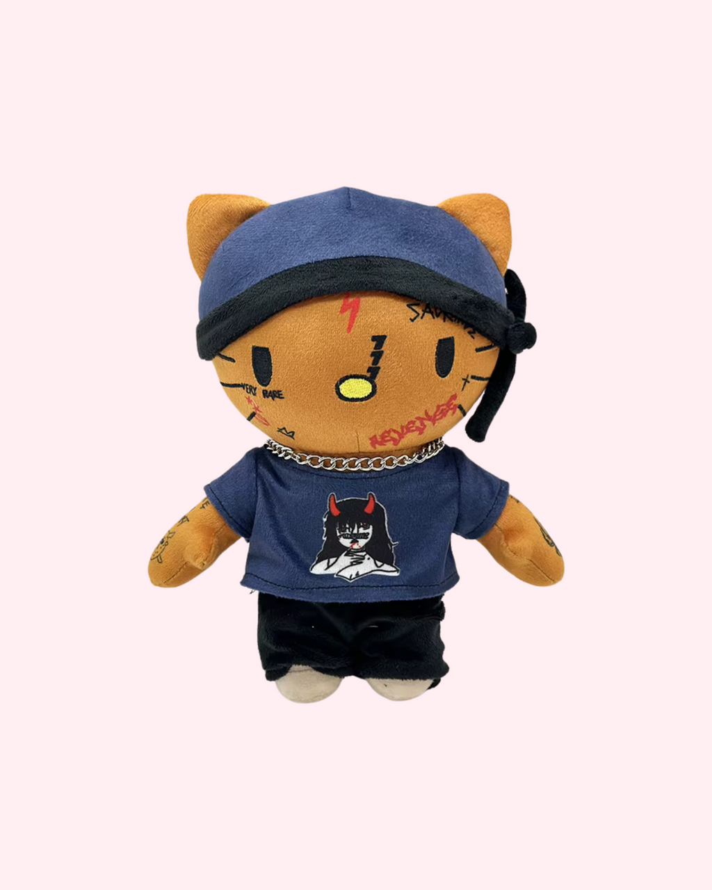 Front view of Ski Mask The Slump God Hello Kitty plush with a blue cap, black bandana and dark graphic tee on a pale pink background.