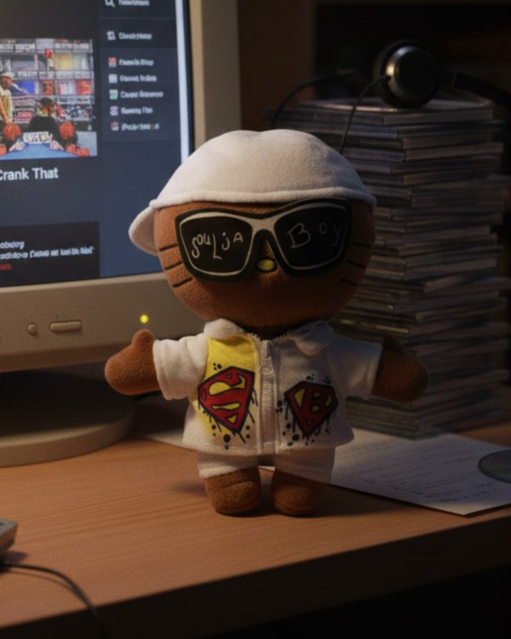 Soulja Boy Hello Kitty plush on a desk beside a computer monitor and a stack of CDs.