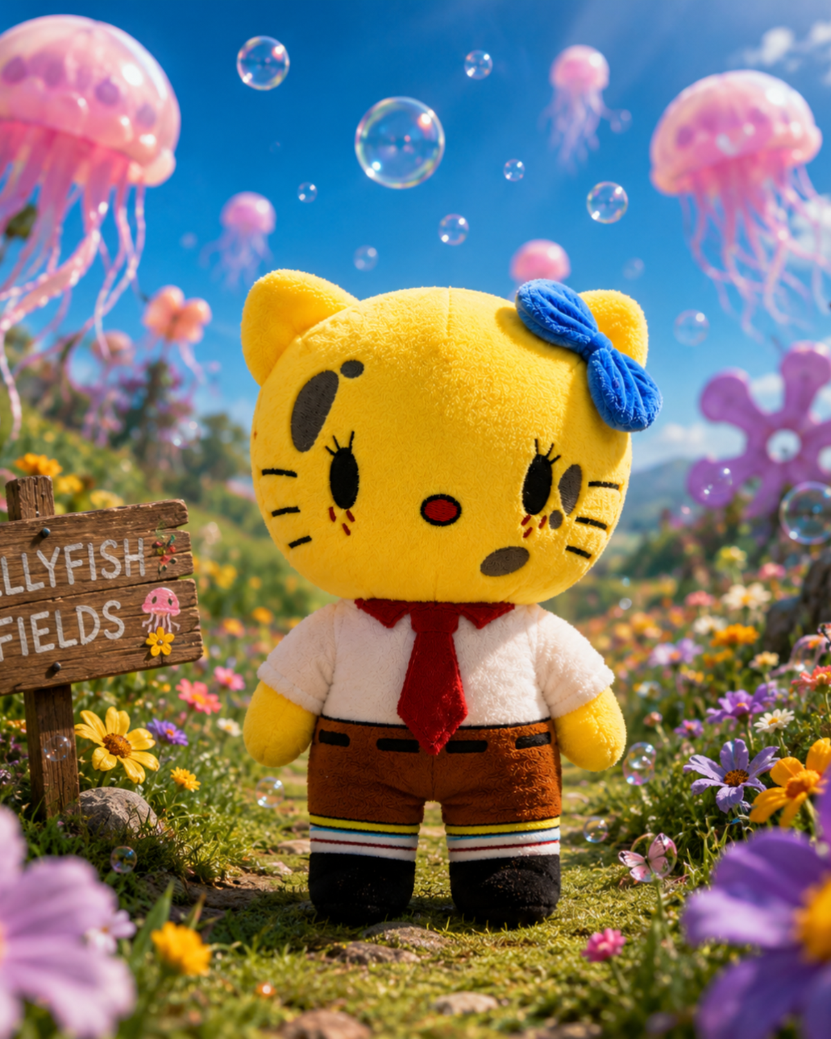 SpongeBob Hello Kitty plush in a colorful jellyfish-filled scene.