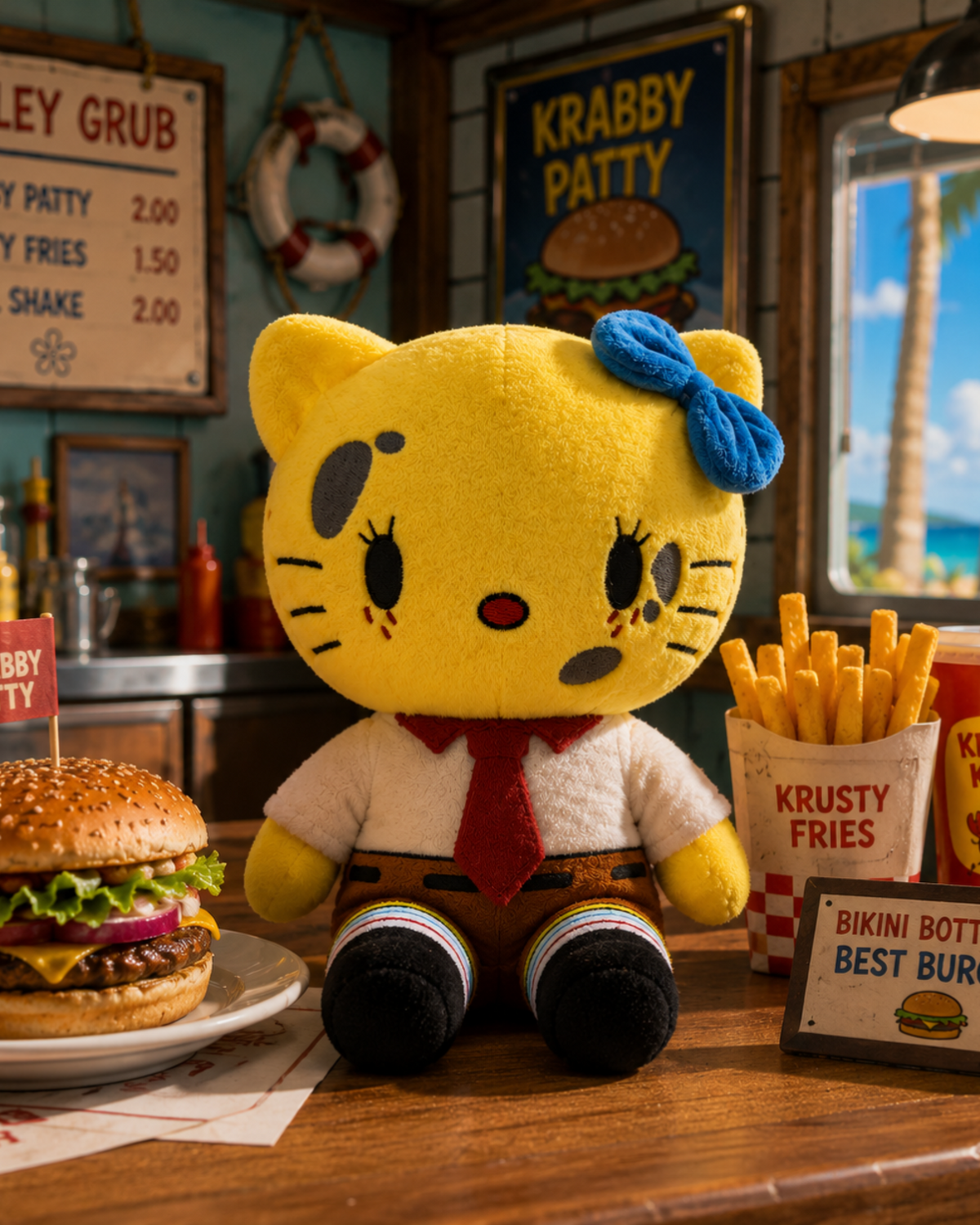 SpongeBob Hello Kitty plush beside a burger on a restaurant counter.