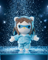 Taylor Swift Hello Kitty plush Blue Edition on an illuminated platform with falling glitter and blue stage lights.