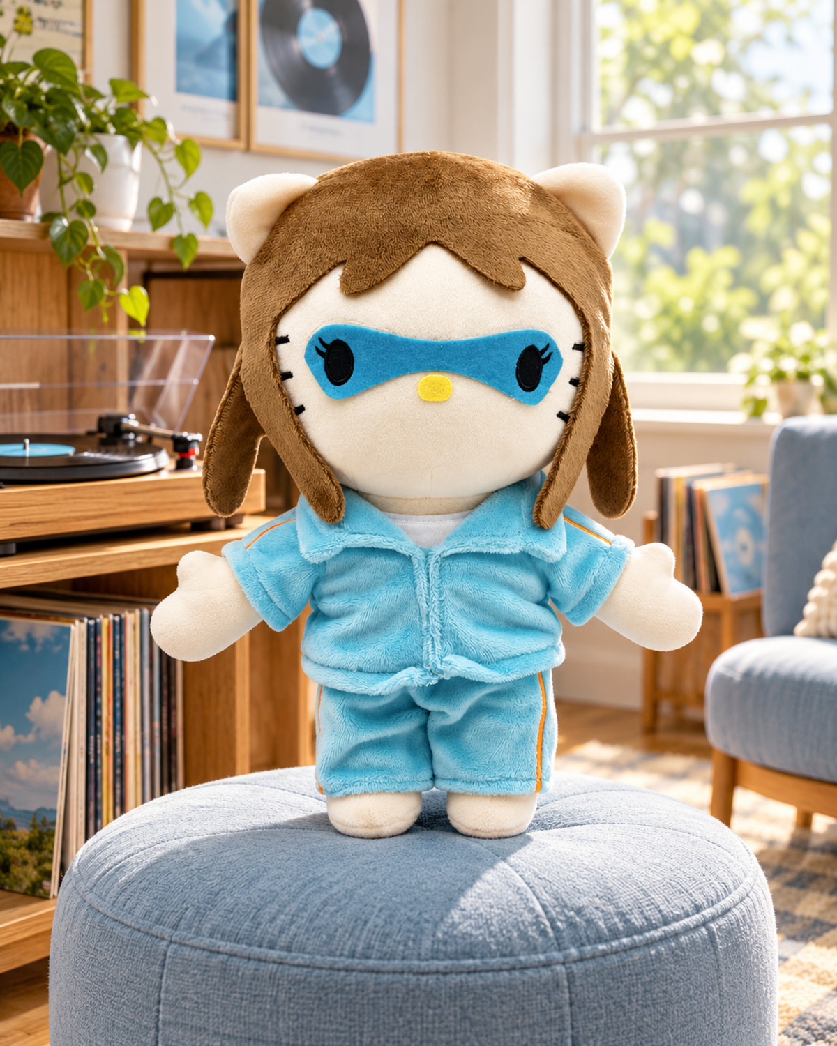 Taylor Swift Hello Kitty plush Blue Edition on a pale blue ottoman beside a record player in a sunlit room.