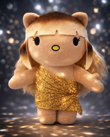 Taylor Swift Hello Kitty plush in a gold dress surrounded by sparkling lights.