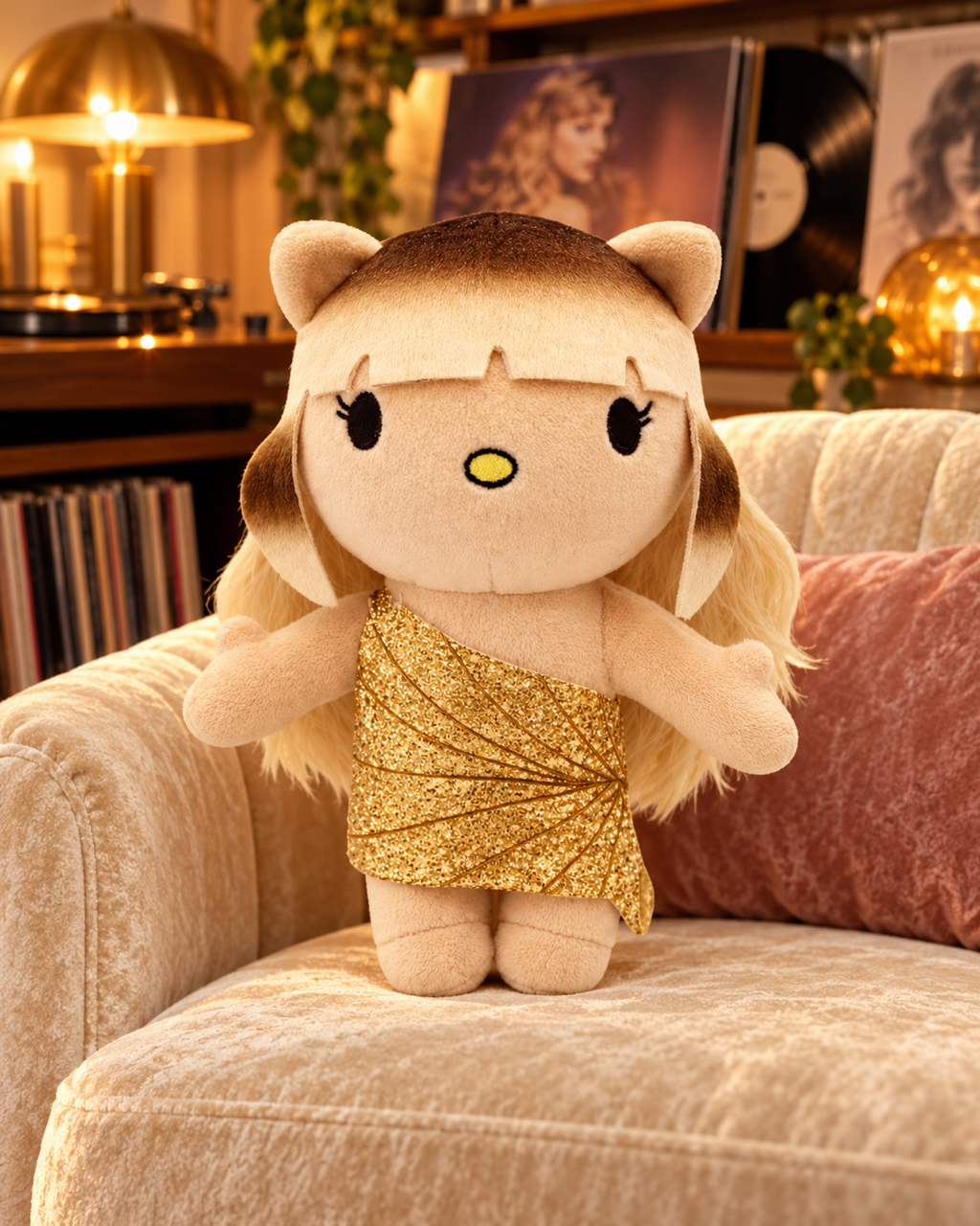 Taylor Swift Hello Kitty plush in a gold dress on a cream armchair in a warmly lit music room.