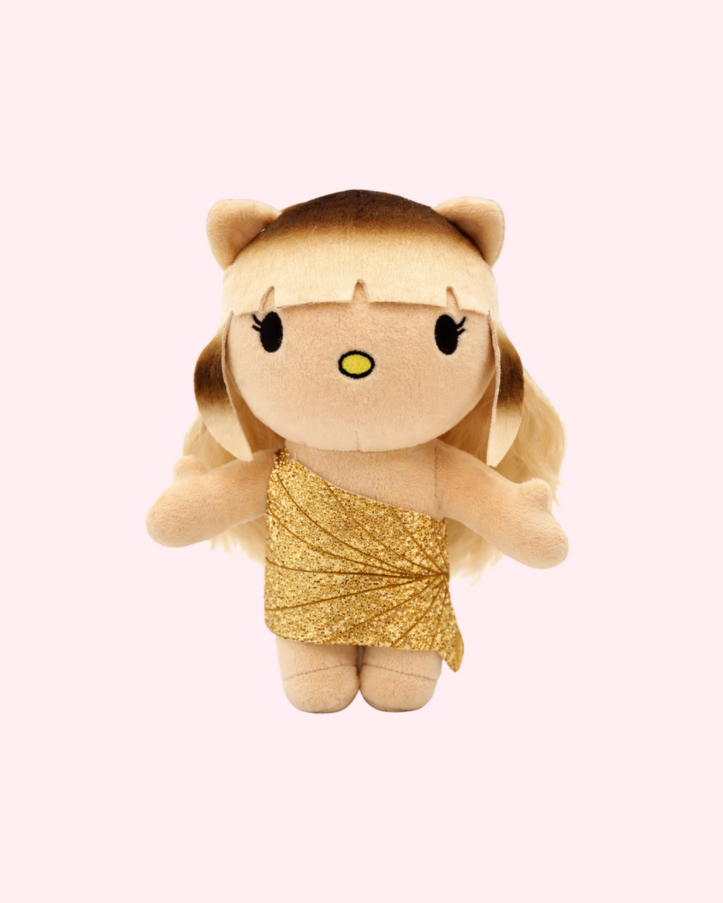 Front view of Taylor Swift Hello Kitty plush with blonde hair and a gold one-shoulder dress on a pale pink background.