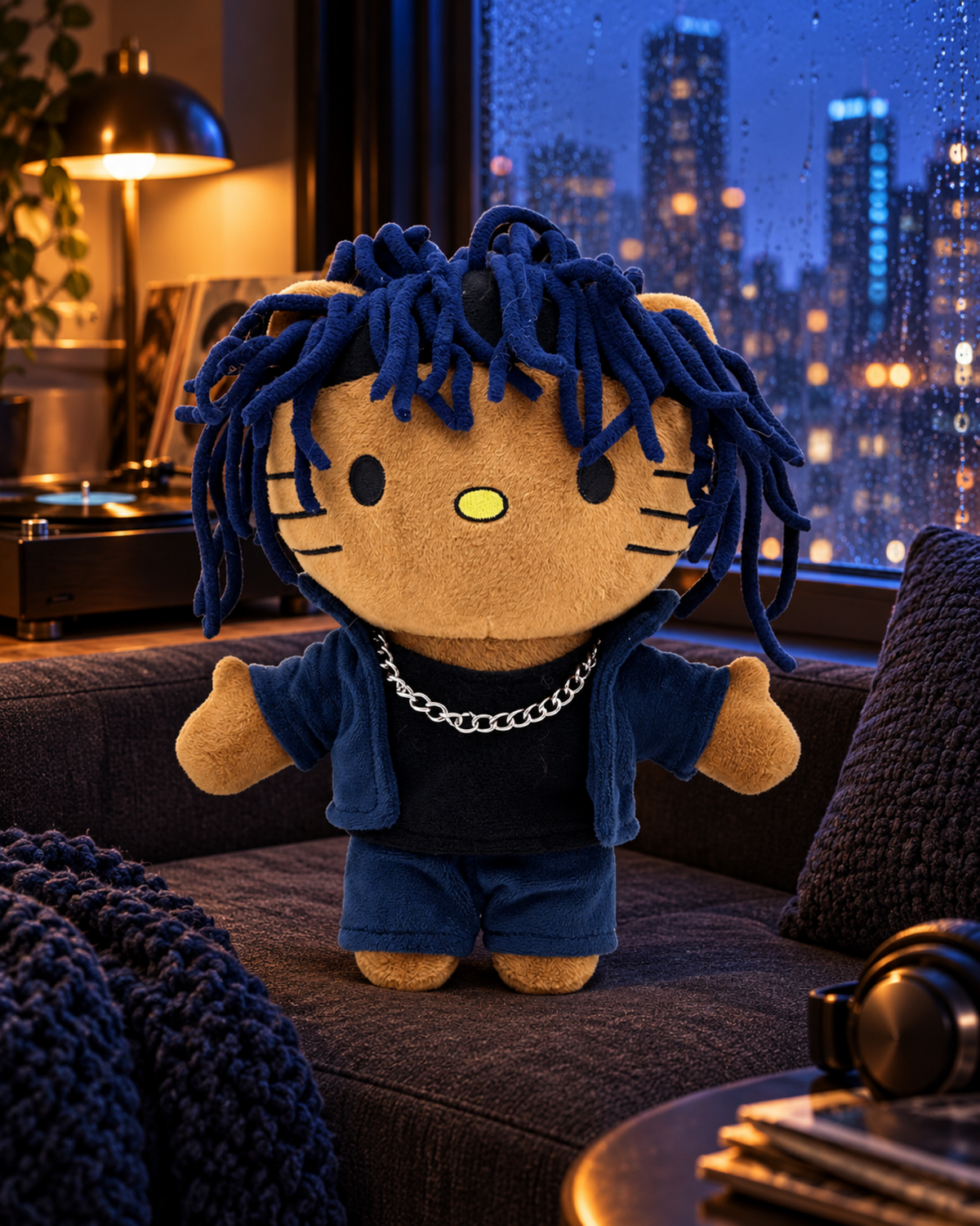 The Weeknd x Hello Kitty Plush - Blue Hair - a charcoal window seat in a high-rise listening loft - styled product scene