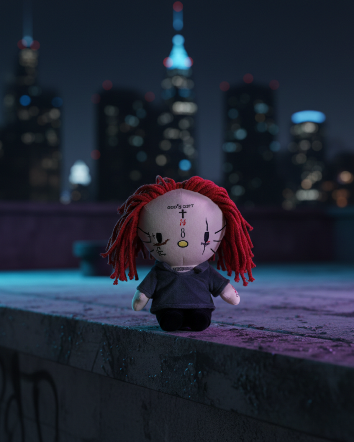 Trippie Redd Hello Kitty plush on a rooftop ledge with a city skyline at night.