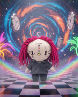 Trippie Redd Hello Kitty plush on a checkerboard floor in a colourful fantasy scene with floating clocks.