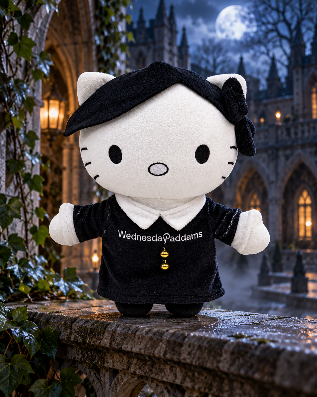 Wednesday x Hello Kitty Plush - a stone balustrade in a gothic academy courtyard - styled product scene