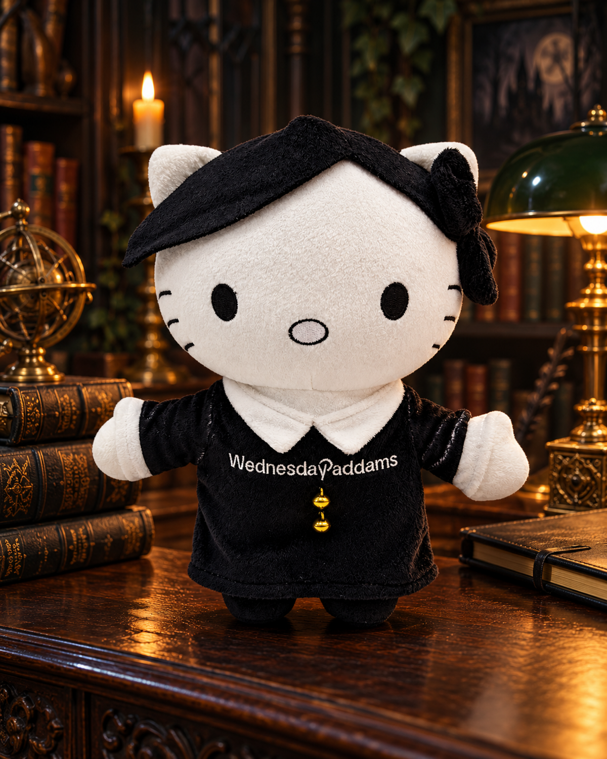 Wednesday x Hello Kitty Plush - an antique reading desk in a gothic library - styled product scene