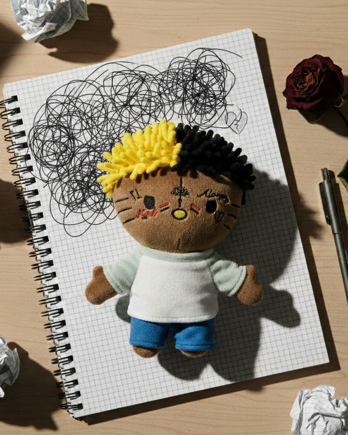 XXXTentacion Hello Kitty plush on an open notebook beside a pen and a rose.