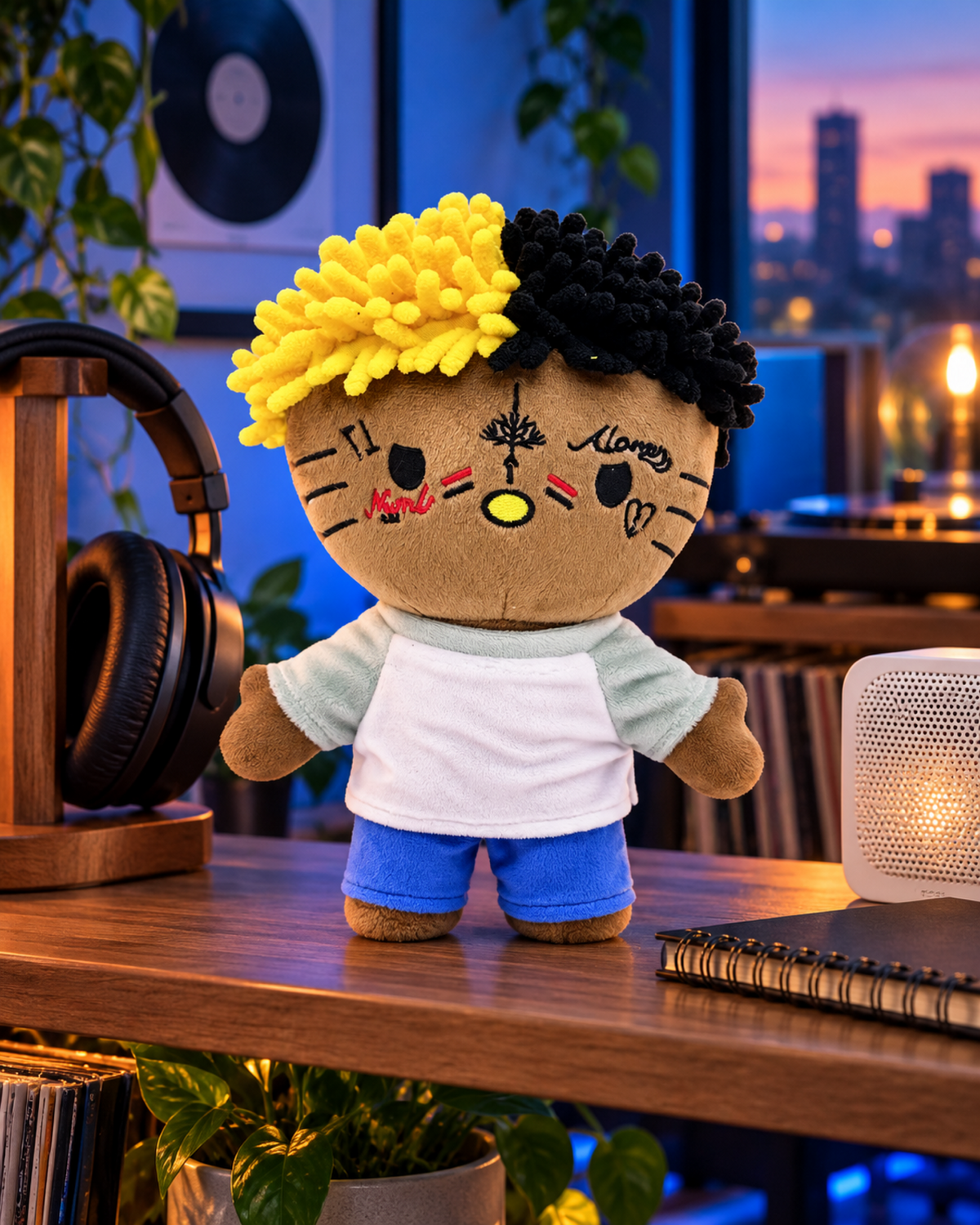 XXXTentacion Hello Kitty plush on a music-room shelf beside headphones and a notebook.